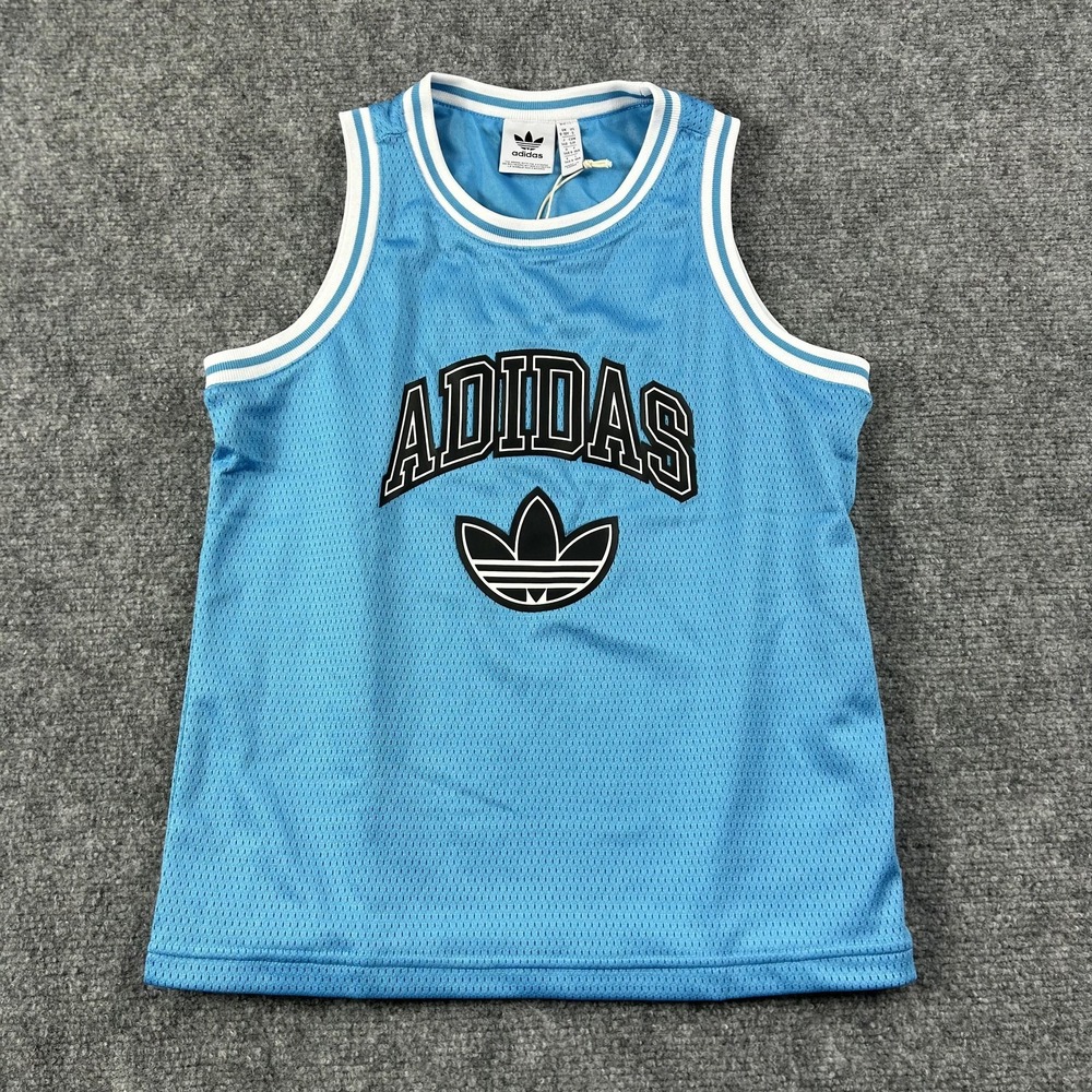 Adidas Tank Jersey Boys Small‎ Blue Originals Trefoil Mesh Sleeveless Top Logo
